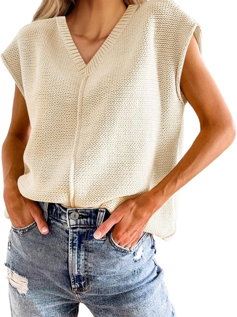 Amazon Cream V-Neck Knit Sleeveless Sweater Vest